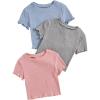 imageFloerns Girls 3 Pcs Short Sleeve Lettuce Trim Rib Knit Tee Shirt Crop TopBlue Grey Pink