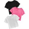 imageFloerns Girls 3 Pcs Short Sleeve Lettuce Trim Rib Knit Tee Shirt Crop TopWatermelon Pink