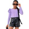 imageFloerns Girls Casual Puff Long Sleeve Round Neck Rib Knit Blouse Tee TopsLight Purple