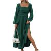 imageFloerns Womens Square Neck Lantern Long Sleeve Dress Split Ruched Party Midi DressesDark Green