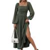 imageFloerns Womens Square Neck Lantern Long Sleeve Dress Split Ruched Party Midi DressesGreen