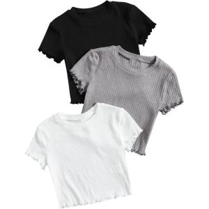 imageFloerns Girls 3 Pcs Short Sleeve Lettuce Trim Rib Knit Tee Shirt Crop TopBlack White Grey