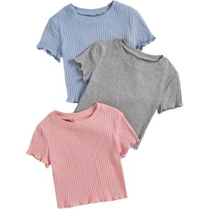 imageFloerns Girls 3 Pcs Short Sleeve Lettuce Trim Rib Knit Tee Shirt Crop TopBlue Grey Pink