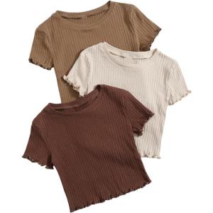 imageFloerns Girls 3 Pcs Short Sleeve Lettuce Trim Rib Knit Tee Shirt Crop TopBrown