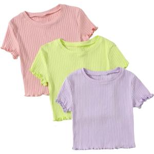 imageFloerns Girls 3 Pcs Short Sleeve Lettuce Trim Rib Knit Tee Shirt Crop TopPurple Pink