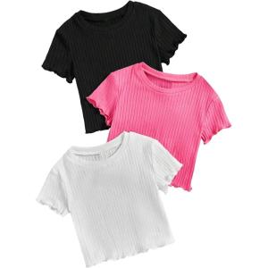 imageFloerns Girls 3 Pcs Short Sleeve Lettuce Trim Rib Knit Tee Shirt Crop TopWatermelon Pink