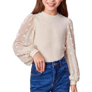imageFloerns Girls Casual Puff Long Sleeve Round Neck Rib Knit Blouse Tee TopsBeige