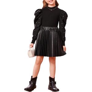 imageFloerns Girls Casual Puff Long Sleeve Round Neck Rib Knit Blouse Tee TopsBlack Pearls