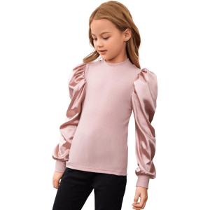 imageFloerns Girls Casual Puff Long Sleeve Round Neck Rib Knit Blouse Tee TopsDusty Pink