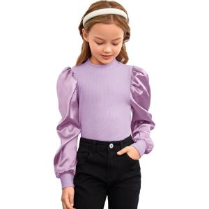 imageFloerns Girls Casual Puff Long Sleeve Round Neck Rib Knit Blouse Tee TopsLilac Purple