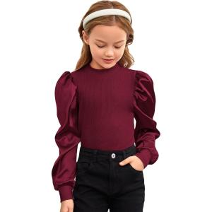 imageFloerns Girls Casual Puff Long Sleeve Round Neck Rib Knit Blouse Tee TopsMaroon