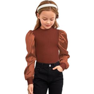 imageFloerns Girls Casual Puff Long Sleeve Round Neck Rib Knit Blouse Tee TopsRust Brown