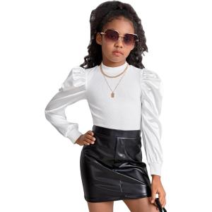imageFloerns Girls Casual Puff Long Sleeve Round Neck Rib Knit Blouse Tee TopsWhite