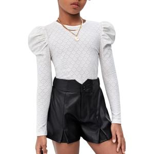 imageFloerns Girls Casual Puff Long Sleeve Round Neck Rib Knit Blouse Tee TopsWhite Cream