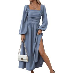 imageFloerns Womens Square Neck Lantern Long Sleeve Dress Split Ruched Party Midi DressesDusty Blue