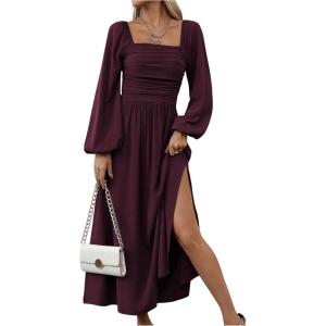 imageFloerns Womens Square Neck Lantern Long Sleeve Dress Split Ruched Party Midi DressesMaroon