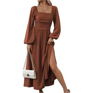 imageFloerns Womens Square Neck Lantern Long Sleeve Dress Split Ruched Party Midi DressesRust Brown