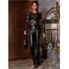 imageFloerns Womens Contrast Lace Long Sleeve See Through Blouse Tops Without BraBlack