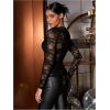 imageFloerns Womens Contrast Lace Long Sleeve See Through Blouse Tops Without BraBlack