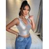 imageFloerns Womens PU Leather V Neck Solid Sleeveless Camisole Crop Tank TopArgent Silver