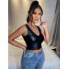 imageFloerns Womens PU Leather V Neck Solid Sleeveless Camisole Crop Tank TopBlack