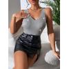 imageFloerns Womens PU Leather V Neck Solid Sleeveless Camisole Crop Tank TopGrey Rhinestone