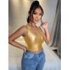 imageFloerns Womens PU Leather V Neck Solid Sleeveless Camisole Crop Tank TopSolid Gold