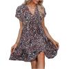imageFloerns Womens V Neck Short Sleeve Ruffle Hem Colorblock Swing Shift Mini DressBlack Floral