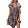 imageFloerns Womens V Neck Short Sleeve Ruffle Hem Colorblock Swing Shift Mini DressBlack Floral