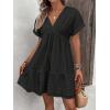imageFloerns Womens V Neck Short Sleeve Ruffle Hem Colorblock Swing Shift Mini DressBlack Plain