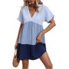 imageFloerns Womens V Neck Short Sleeve Ruffle Hem Colorblock Swing Shift Mini DressBlue