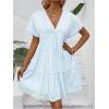 imageFloerns Womens V Neck Short Sleeve Ruffle Hem Colorblock Swing Shift Mini DressLight Blue Plaid