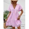imageFloerns Womens V Neck Short Sleeve Ruffle Hem Colorblock Swing Shift Mini DressPink