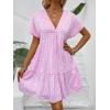 imageFloerns Womens V Neck Short Sleeve Ruffle Hem Colorblock Swing Shift Mini DressPink