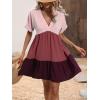 imageFloerns Womens V Neck Short Sleeve Ruffle Hem Colorblock Swing Shift Mini DressRed