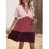 imageFloerns Womens V Neck Short Sleeve Ruffle Hem Colorblock Swing Shift Mini DressRed