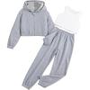 imageFloerns Girls 3 Piece Outfit Crop Tank Top Sweatpants Set with Sweatshirt JacketGrey