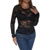 imageFloerns Womens Contrast Lace Long Sleeve See Through Blouse Tops Without BraAzure Black