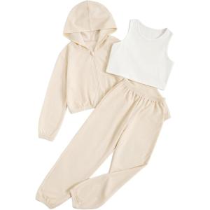 imageFloerns Girls 3 Piece Outfit Crop Tank Top Sweatpants Set with Sweatshirt JacketApricot