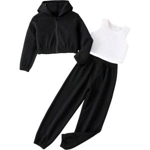 imageFloerns Girls 3 Piece Outfit Crop Tank Top Sweatpants Set with Sweatshirt JacketBlack and White