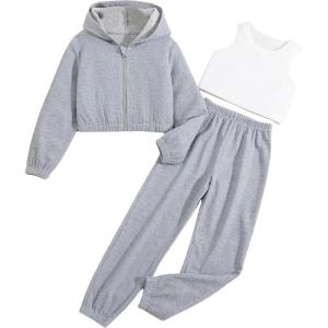 imageFloerns Girls 3 Piece Outfit Crop Tank Top Sweatpants Set with Sweatshirt JacketGrey