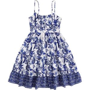 imageFloerns Girls Floral Print Sleeveless Ruched Ruffle Hem A Line Cami Short DressBlue B