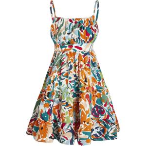 imageFloerns Girls Floral Print Sleeveless Ruched Ruffle Hem A Line Cami Short DressOrange Multi
