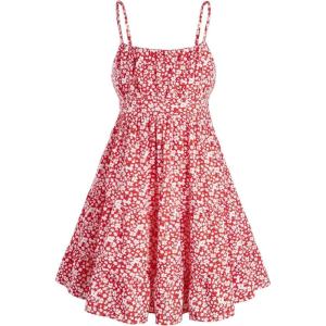 imageFloerns Girls Floral Print Sleeveless Ruched Ruffle Hem A Line Cami Short DressRed