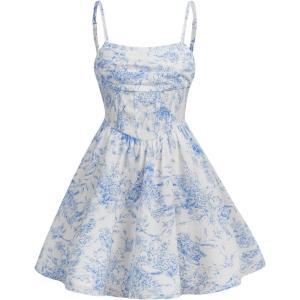 imageFloerns Girls Floral Print Sleeveless Ruched Ruffle Hem A Line Cami Short DressWhite Blue