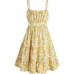 imageFloerns Girls Floral Print Sleeveless Ruched Ruffle Hem A Line Cami Short DressYellow White