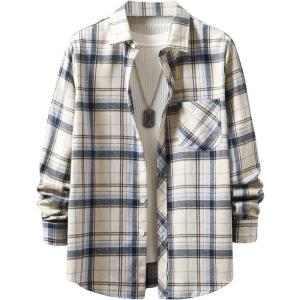 imageFloerns Mens Plaid Flannel Shirts Long Sleeve Regular Fit Button Down Causal ShirtsBeige Blue Multi
