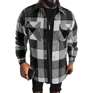 imageFloerns Mens Plaid Flannel Shirts Long Sleeve Regular Fit Button Down Causal ShirtsBlack Grey White