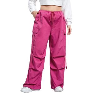 imageFloerns WomenS Plus Size Flap Pocket Drawstring High Rise Parachute Baggy Cargo PantsA Red Violet