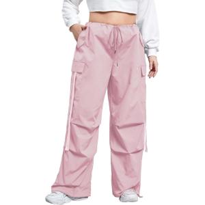 imageFloerns WomenS Plus Size Flap Pocket Drawstring High Rise Parachute Baggy Cargo PantsLight Pink Plain